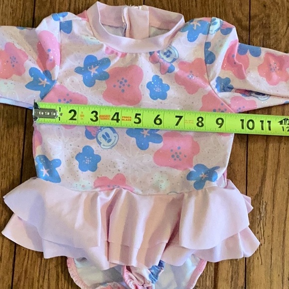 Disney Minnie Mouse pink sparkly floral long sleeve ruffled one piece swimsuit - Picture 14 of 16